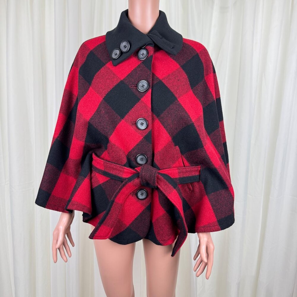 NWOT FUDA Plaid Wool Cape Poncho Shawl Coat Red Black Buffalo Size Large Y2K